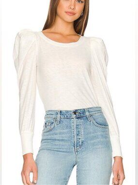 Nation LTD Romy Modest Tee Women’s Size L Puff Shoulders Slub Knit Pima Cotton
